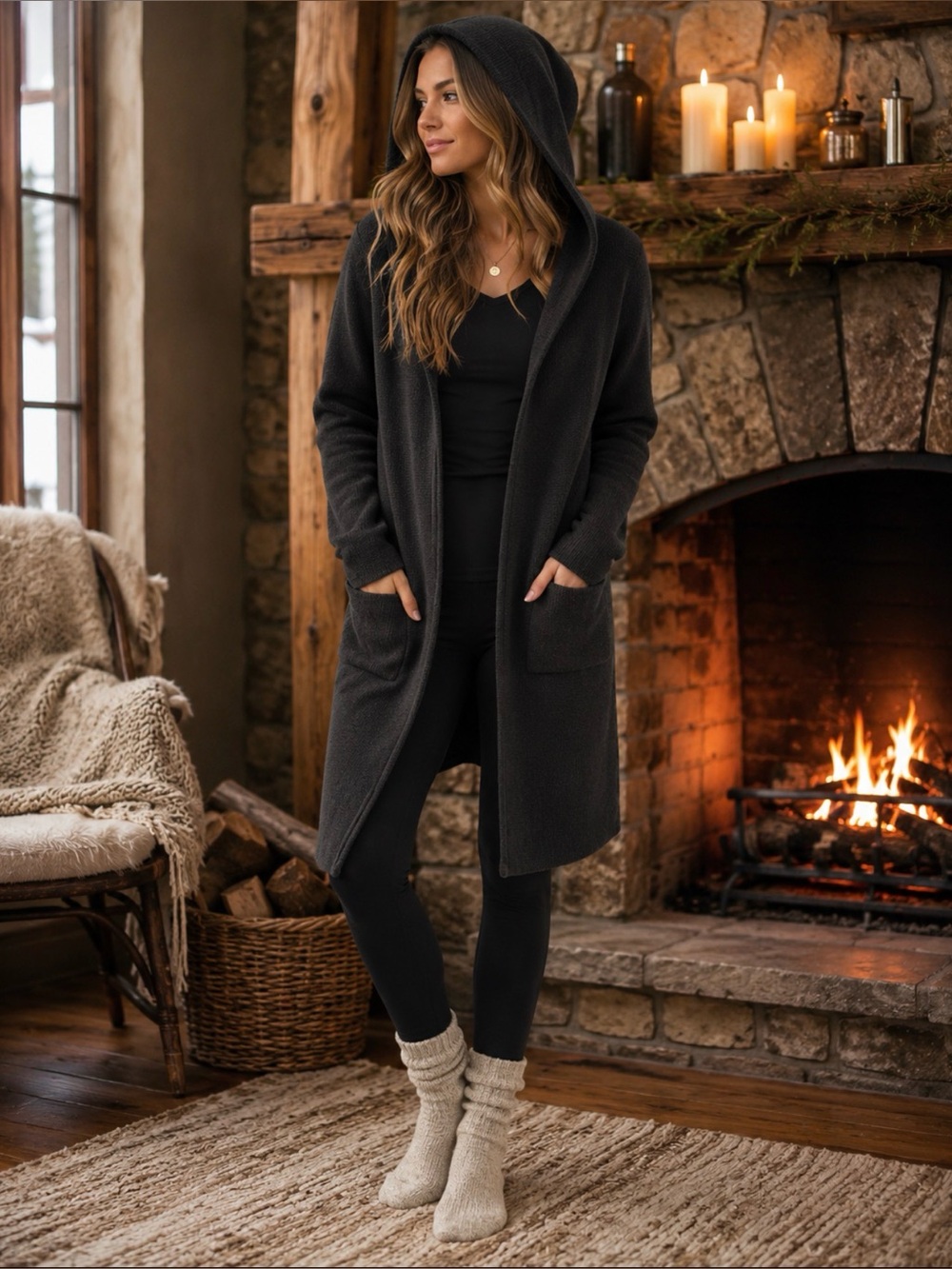 Black Cardigan Coatagin with Front Pockets size Large